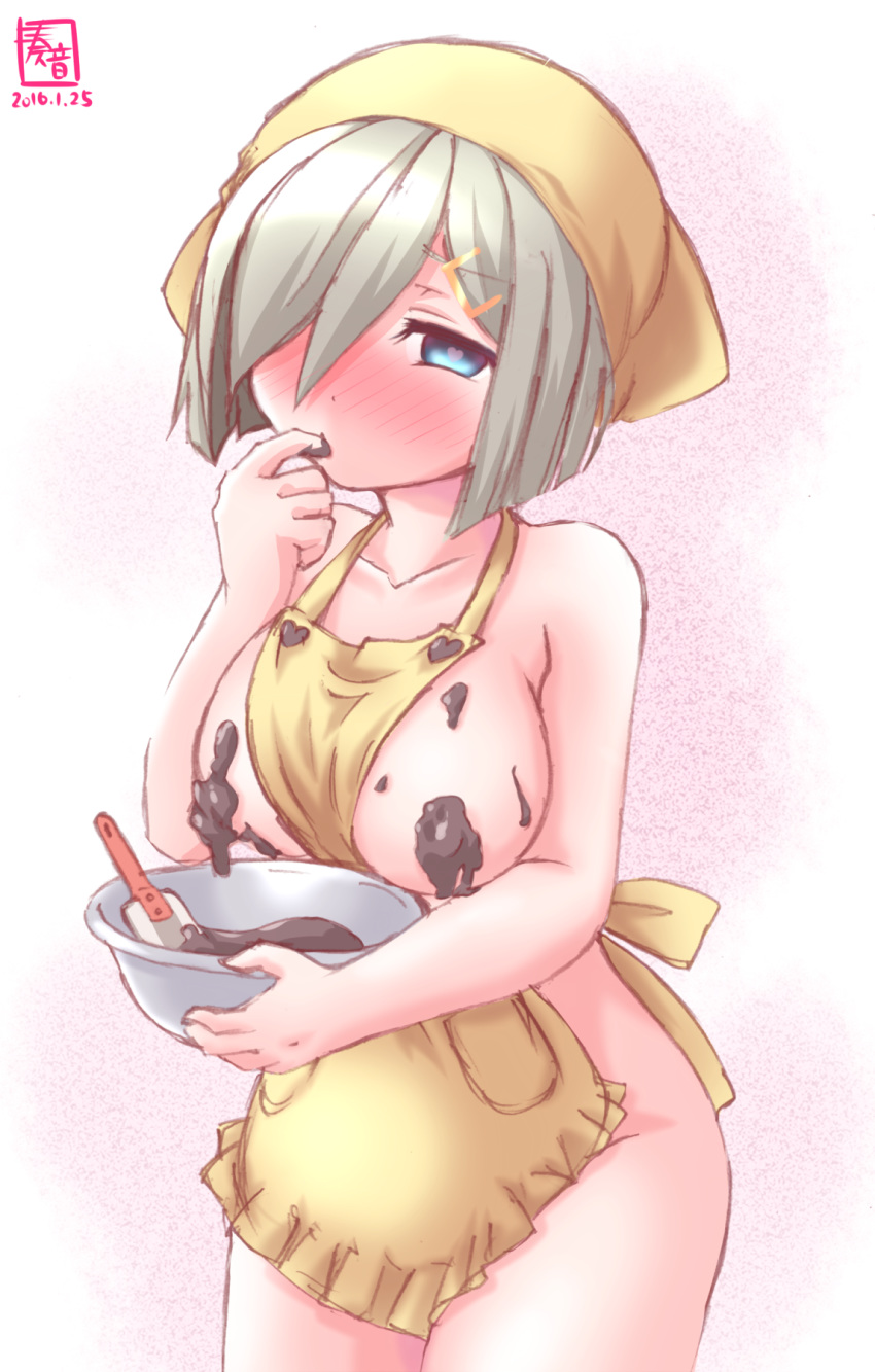 1girl apron bare_shoulders big_breasts blue_eyes blush bowl breasts chocolate chocolate_on_breasts collarbone convenient_censoring cute dated finger_sucking full-face_blush hair hair_ornament hair_over_one_eye hairclip hamakaze_(kantai_collection) head_scarf heart heart-shaped_pupils highres kanon_(kurogane_knights) kantai_collection large_breasts looking_at_viewer naked_apron short_hair silver_hair simple_background solo spatula symbol-shaped_pupils tenugui white_hair yellow_apron