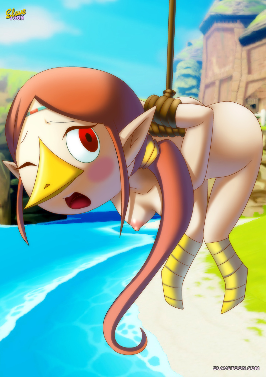 1girl beak blush bondage breasts brown_hair female female_only hair medli nintendo ocean one_eye_closed open_mouth outdoor outside palcomix red_eyes slavetoon solo solo_focus style_parody the_legend_of_zelda the_wind_waker tied_up water