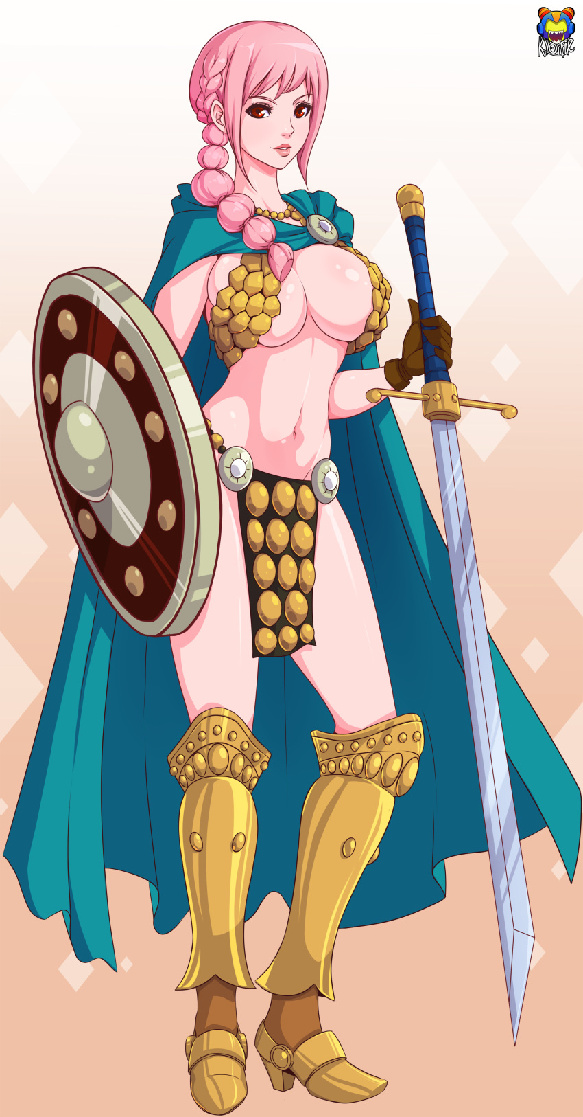 armor big_breasts bikini_armor breasts cape cleavage female kyoffie one_piece rebecca_(one_piece) shield solo sword weapon