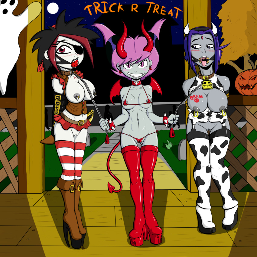 areolae argent big_breasts breasts halloween jinx nipples presenting pussy raven_(dc) slashysmiley teen_titans text trick_or_treat