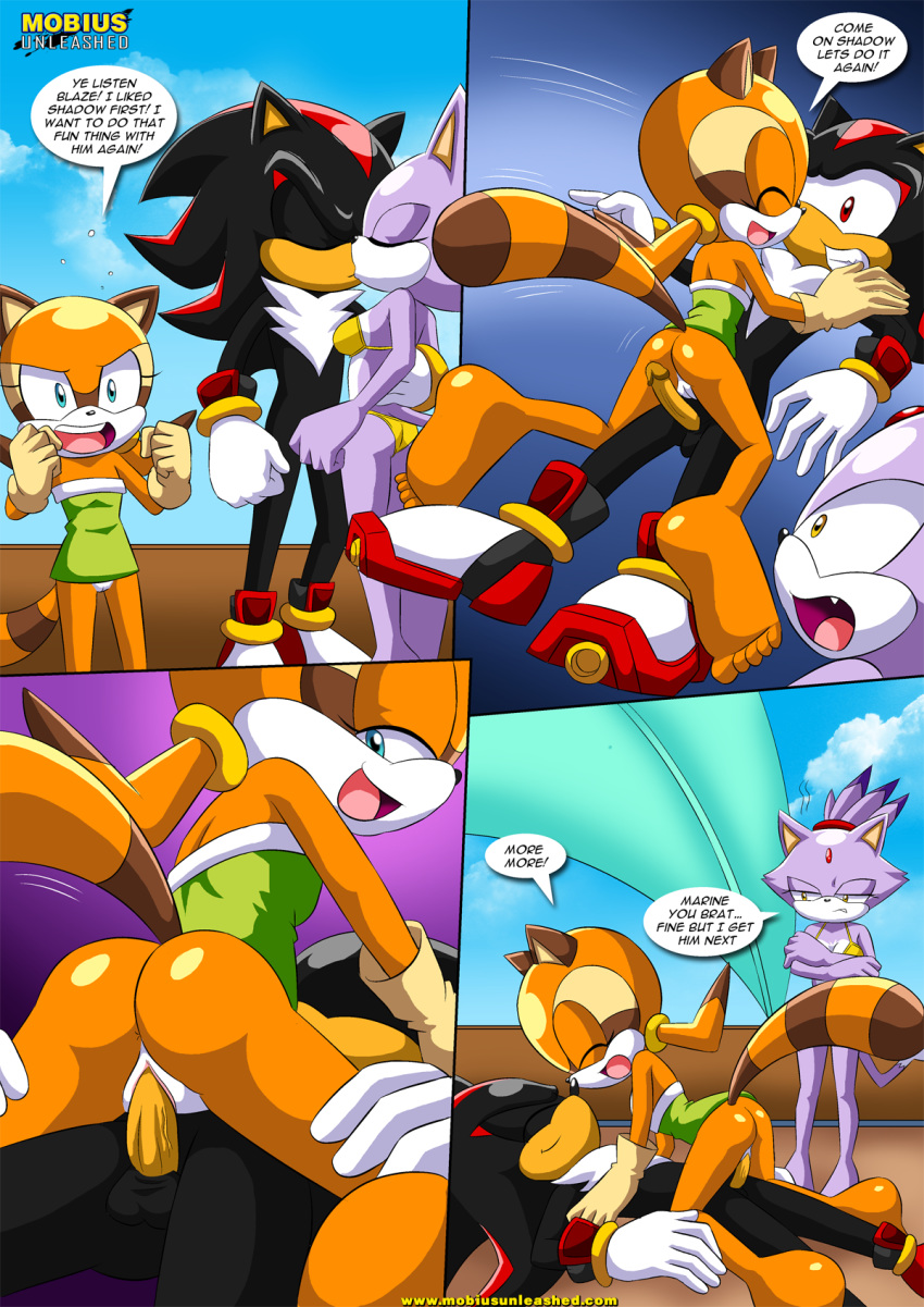 2girls bbmbbf blaze_the_cat furry marine_the_raccoon mobius_unleashed multiple_girls palcomix sega shadow_the_hedgehog sonic_(series) sonic_the_hedgehog_(series) surrender_the_booty tagme