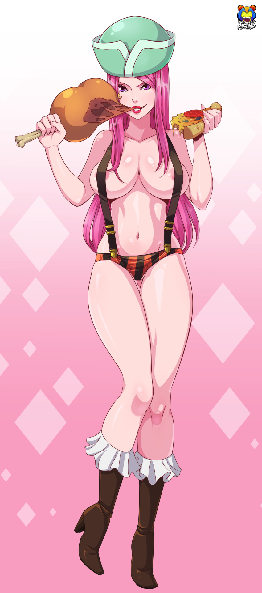 big_breasts breasts convenient_censoring female food jewelry_bonney kyoffie meat one_piece pizza solo topless