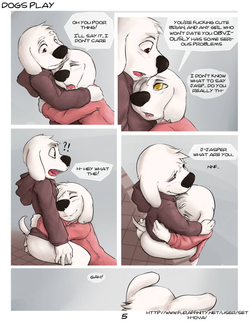 ! anthro ass black_nose blush bottomless brian_griffin brown_eyes butt_grab canine closed_eyes clothed clothing comic dialogue digital_media_(artwork) dog dogs_play ear_piercing english_text eye_contact family_guy fur furry hand_on_butt high_res hoodie hugging imminent_sex incest jasper_(family_guy) male male/male mammal piercing seth-iova suggestive text white_fur
