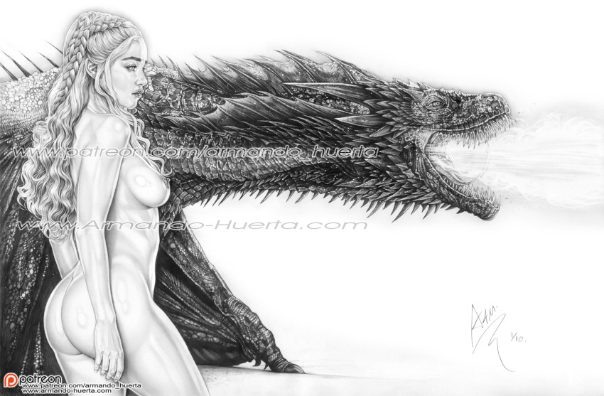 1girl a_song_of_ice_and_fire actress armando_huerta ass bare_shoulders big_breasts braid breasts celeb daenerys_targaryen dat_ass dragon emilia_clarke feral game_of_thrones high_resolution interspecies large_ass legs long_hair mammal monochrome nipples scales scalie sideboob spines thighs tied_hair topless wings