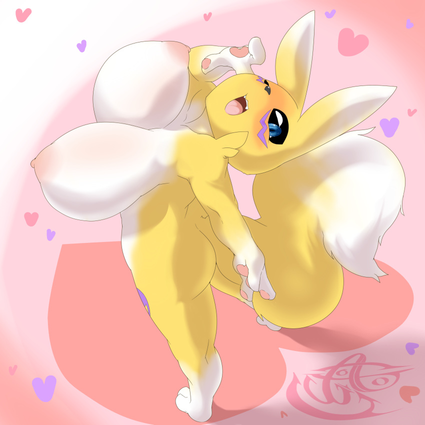 1girl 1girl 2016 absurd_res anthro big_breasts blush breasts canine digimon fox fur furry high_res looking_at_viewer mammal nipples nude open_mouth opqhlak renamon smile white_fur yellow_fur