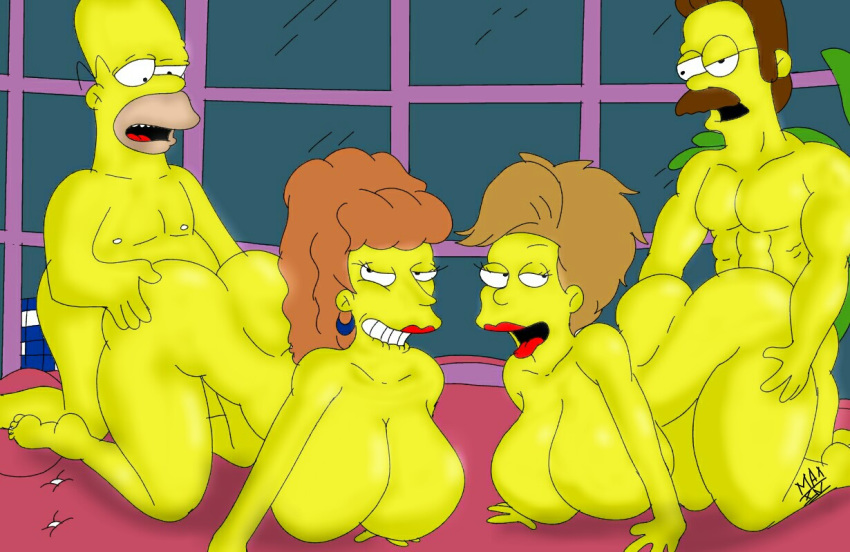 all_fours amber_pai_gow_simpson ass big_ass big_breasts breasts dat_ass doggy_position drunk foursome from_behind ginger_flanders hands_on_ass hands_on_hips homer_simpson huge_breasts husband_and_wife lip_bite maxtlat ned_flanders nipples sex smile the_simpsons window yellow_skin
