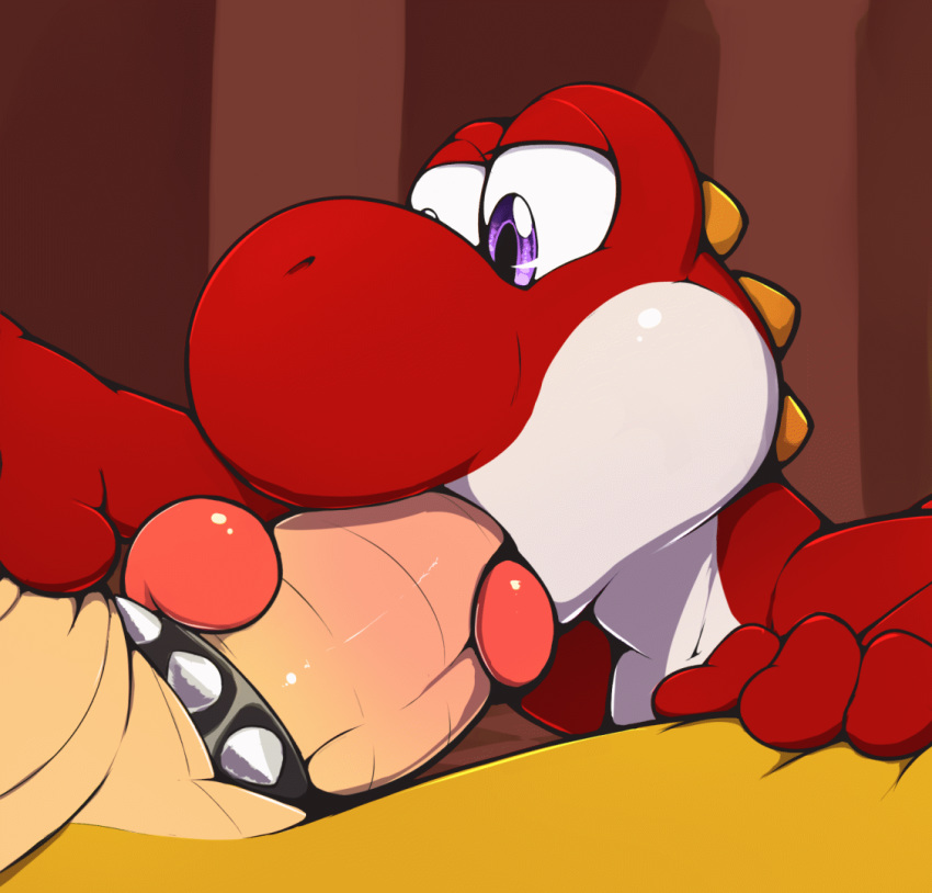 2016 2boys animated animated_gif anthro bowser cock_ring duo erection faceless_male fellatio furry gif hand_on_leg highres koopa long_tongue male male_only multicolored_scales nintendo no_humans nude oral orange_scales penis purple_eyes red_scales restricted_palette roy_arashi scales scalie sex solo_focus spikes super_mario_bros. tan_scales tongue tongue_out tongue_wrap two_tone_scales video_games white_scales white_sclera yaoi yoshi