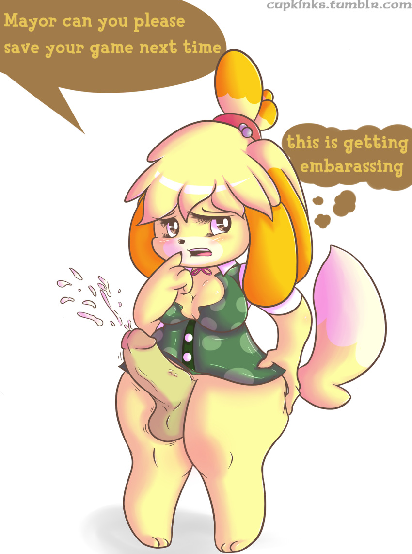 1girl 2013 animal_crossing anthro atrolux blush breasts canine cleavage clothed clothing cum dickgirl dog fur furry highres intersex isabelle_(animal_crossing) looking_at_viewer looking_away mammal nintendo penis shih_tzu testicles video_games yellow_fur