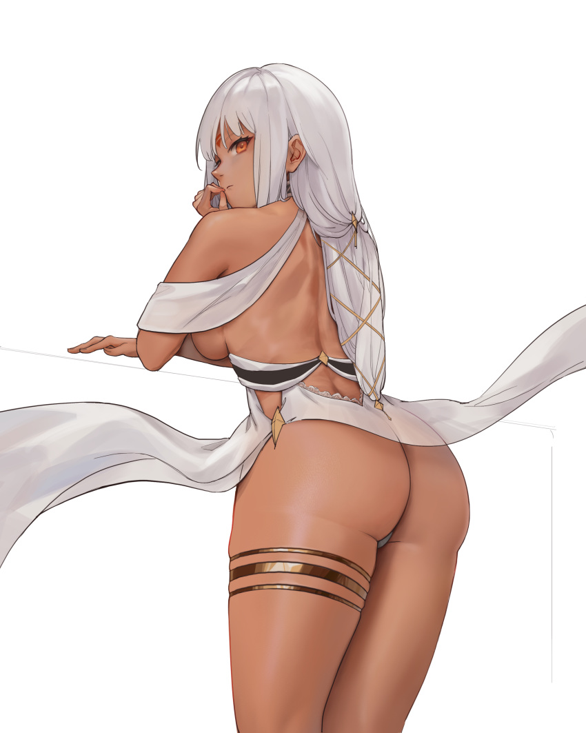 1girl 1girl 1girl ass azur_lane bare_shoulders big_breasts blush breasts closed_mouth dark_skin dress facial_mark forehead_mark halter_dress high_resolution long_hair looking_at_viewer looking_back massachusetts_(azur_lane) massachusetts_(dressed_to_impress)_(azur_lane) native_american panties rocher-hd simple_background sleeveless sleeveless_dress standing thighlet thong underwear very_high_resolution white_background white_dress white_hair white_panties white_underwear