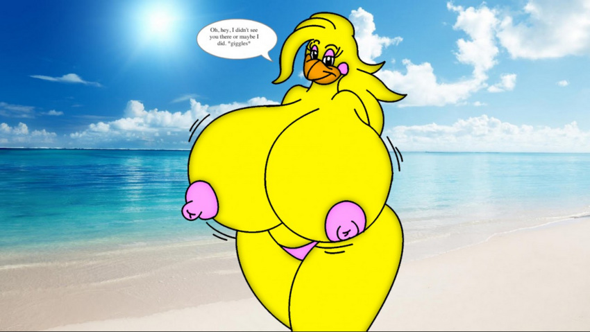 beach big_breasts breasts chica_(fnaf) clouds english_text five_nights_at_freddy's nipples nude ready_to_fuck sky speech_bubble sunny text water