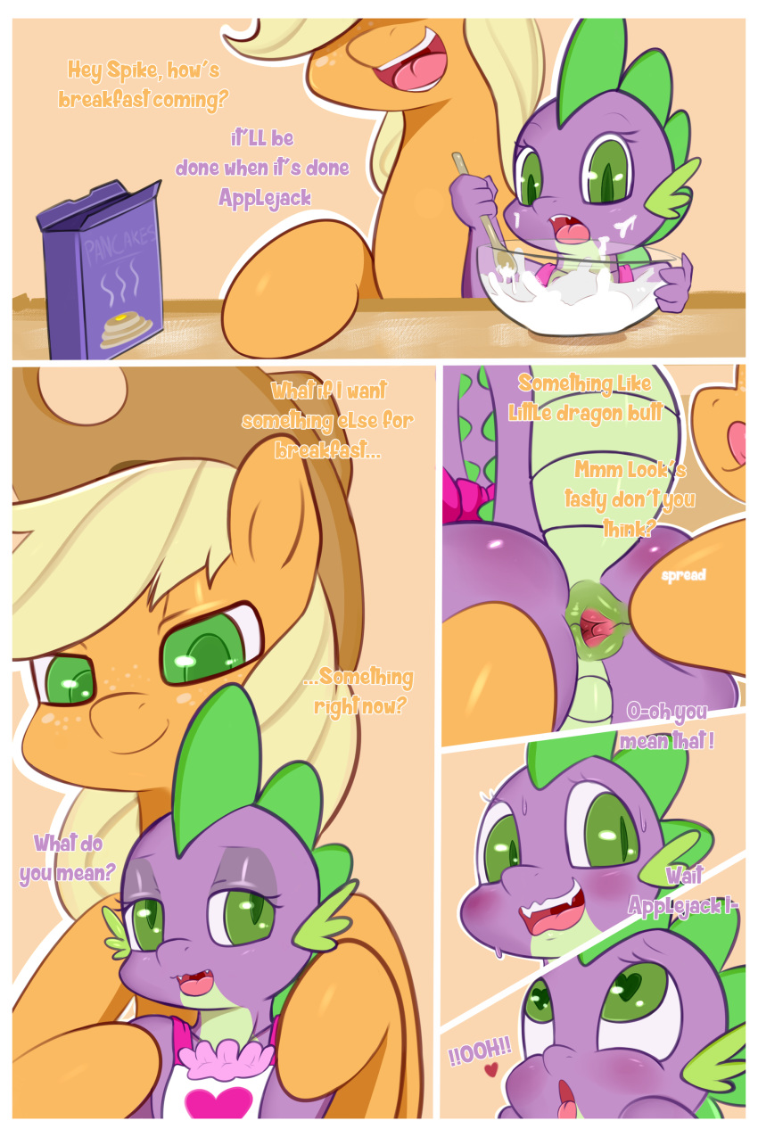 2016 absurd_res anthro anus applejack_(mlp) ass border comic dialogue dragon earth_pony english_text equine feral friendship_is_magic girly heart heart-shaped_pupils highres horse male mammal my_little_pony pony saurian_(artist) spike_(mlp) text white_border