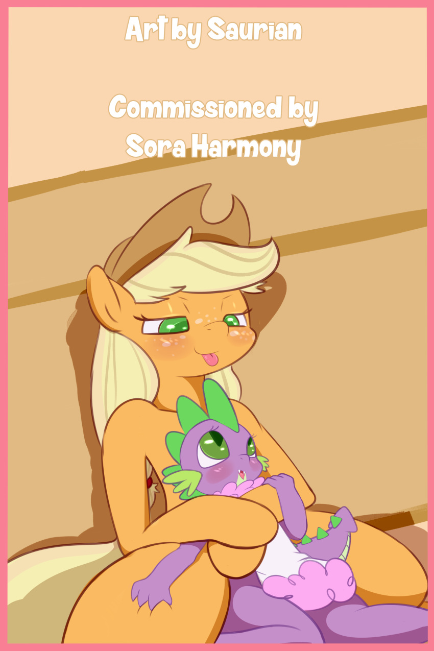 1boy 1girl 2016 absurd_res anthro applejack_(mlp) blonde_hair blush border comic dragon duo earth_pony english_text equine fangs female feral freckles friendship_is_magic girly green_eyes hat high_res horse hug indoors inside leg_grab long_hair looking_down looking_up male mammal my_little_pony open_mouth pony ponytail saurian_(artist) scalie smile spike_(mlp) spread_legs text tongue tongue_out