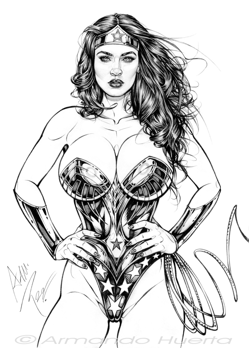1girl actress armando_huerta bare_shoulders big_breasts black_hair bracelet breasts cameltoe celeb cleavage covered_breasts dc_comics diana_prince erect_nipples erect_nipples_under_clothes eyebrows eyelashes female_only high_resolution jewelry lasso lasso_of_truth legs lips long_hair megan_fox monochrome thighs tiara whip wonder_woman wonder_woman_(series)