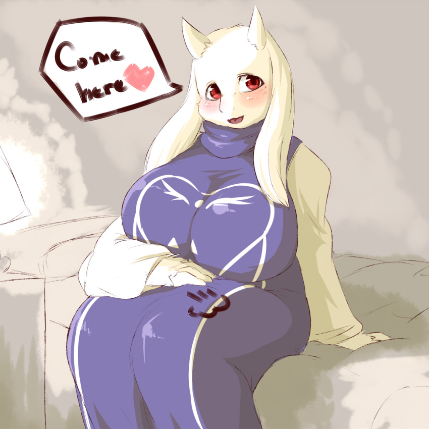 1girl 2010s 2016 anthro bed big_breasts blush boss_monster breasts breasts_bigger_than_head caprine clothed clothing dialogue english english_text fdokkaku female female_anthro female_only fur furry goat hair high_res horn huge_breasts inviting looking_at_viewer mammal milf on_bed open_mouth red_eyes robe sfw sitting smile solo solo_female speech_bubble text thick_thighs tongue toriel undertale undertale_(series) video_games voluptuous white_fur white_hair white_horn