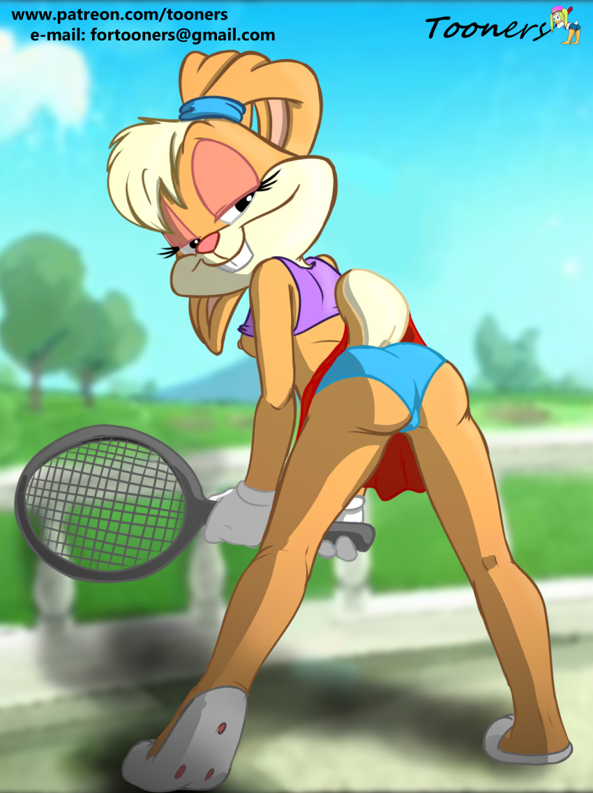 1_female 1_girl anthro bent_over breasts clothed exposed_breasts female female_only lola_bunny looney_tunes nipples outdoors solo spread_legs standing tagme upskirt
