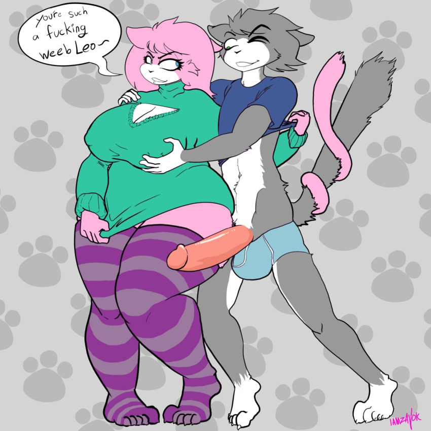 1girl 2015 aeris_(vg_cats) anthro big_breasts blinking blue_eyes breast_grab breasts cat clothing dialogue duo entwined_tails feline fur furry green_eyes grey_fur grey_hair hair hand_on_breast huge_breasts iamzavok legwear leo_(vg_cats) male mammal penis pink_fur pink_hair shirt slightly_chubby smile stockings sweater underwear vg_cats