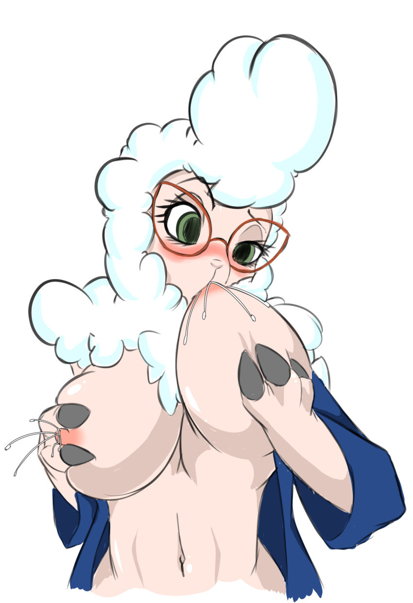 1girl anthro areola belly big_breasts blush breasts caprine clothed clothing dawn_bellwether disney eyewear furry glasses goat half-closed_eyes highres lactating mammal midriff navel nipple_suck nipples open_shirt simple_background sucking thetroon white_background zootopia