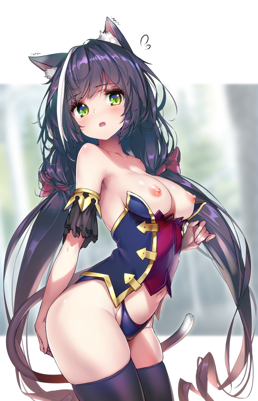 1girl animal_ear_fluff animal_ears bangs bare_shoulders big_breasts black_hair black_legwear black_panties black_underwear blush bow bow_panties breasts brooch cat_girl cat_tail embarrassed eyebrows_visible_through_hair fang flying_sweatdrops green_eyes hair_between_eyes hair_bow hair_ornament high_resolution highleg highleg_panties hong_(white_spider) jewelry kyaru_(princess_connect!) large_filesize long_hair looking_at_viewer low_twintails medium_breasts multicolored_hair navel nekomimi nipples no_pants open_mouth paid_reward panties patreon_reward princess_connect! princess_connect!_re:dive red_bow shirt skindentation standing stockings streaked_hair tail tied_hair trembling twin_tails underbust underwear very_high_resolution very_long_hair white_hair white_shirt