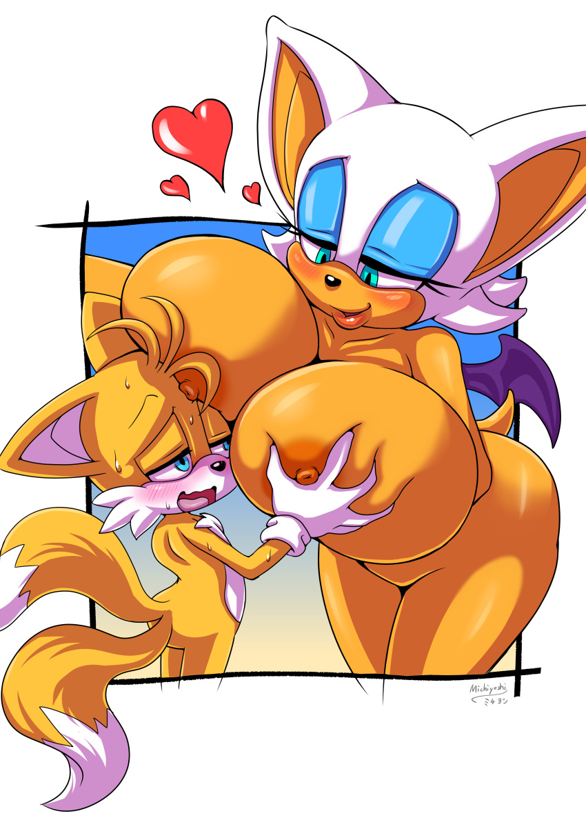 1girl absurd_res anthro areola bat big_breasts blush breast_fondling breasts canine duo erect_nipples fondling fox furry hand_on_breast heart highres huge_breasts male mammal michiyoshi miles_"tails"_prower nipples nude rouge_the_bat sega smile
