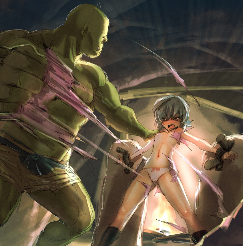 1boy 1girl about_to_be_violated bdsm bondage bow_(bhp) clothing female high_resolution male orc original pantsu silver_hair stripped stuck underwear white_hair