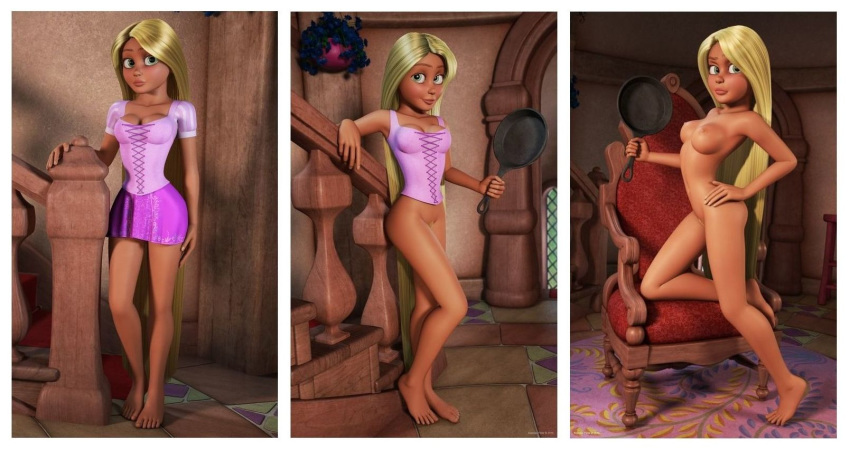 1girl 3d blonde bottomless breasts clothed clothing disney female female_only kondaspeter mostly_nude nipples nude partially_clothed rapunzel solo solo_female tangled teen teenage_girl young_adult