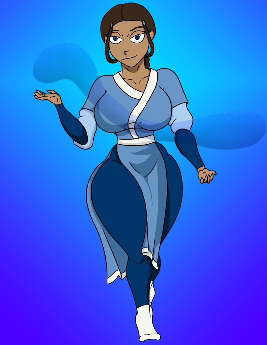 1girl avatar:_the_last_airbender big_breasts blue_background breasts female_only full_body huge_breasts katara looking_at_viewer solo_female tomkat96 waterbending wide_hips