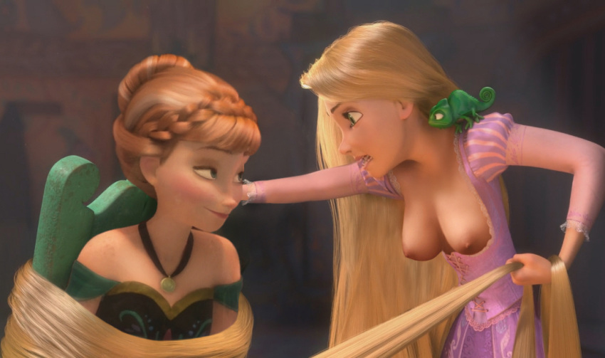 2girls anna_(frozen) bound breasts breasts_out crossover disney edit frozen_(movie) looking_at_each_other nipples rapunzel rastifan tangled