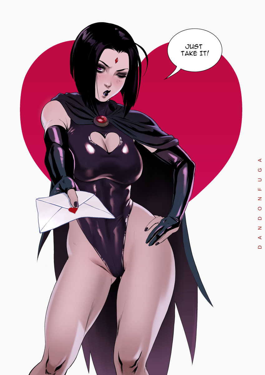1girl ;) artist_name bare_hips bare_legs bare_thighs big_breasts black_bodysuit black_cape black_hair black_lips black_nails blush bodysuit breasts bridal_gauntlets cape cleavage covered_navel dandon_fuga dc dc_comics dialogue english english_text facial_mark female female_only female_solo hand_on_hip heart high_resolution holding_letter large_breasts legs letter looking_at_viewer love_letter one_eye_closed purple_eyes raven_(dc) short_hair solo standing superheroine teen_titans text thighs toned toned_female valentine very_high_resolution wink