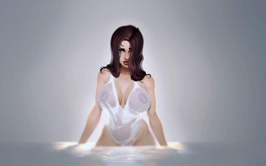 beautiful big_breasts black_hair blue_eyes breasts insanely_hot long_hair looking_at_viewer nipples see-through_clothes taboolicious wet wet_clothes white-devil_(artist)