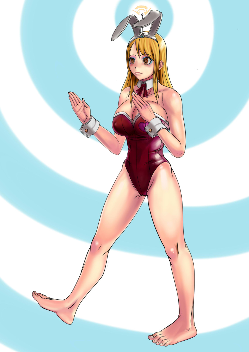 absurdres antenna barefoot blonde_hair boogars breasts bunnysuit cleavage empty_eyes erect_nipples expressionless fairy_tail fake_animal_ears feet femsub hair hypnotic_accessory large_breasts leotard long_hair lucy_heartfilia spiral_eyes symbol_in_eyes tech_control