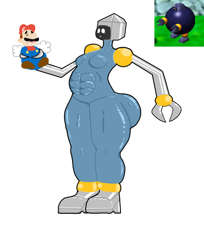 abs alternate_breast_size big_ass big_breasts blue_skin bubble_ass bubble_butt dot_eyes drooling eyelashes height_difference hidden_face huge_ass large_ass mario mario_(series) mario_bros motos moustache muscular muscular_female muscular_legs muscular_thighs nintendo open_mouth overalls robot robot_girl robot_joints robotic robotic_arm round_ass saliva shiny_skin super_mario_64 super_mario_bros. taller_girl thick_thighs white_eyelashes white_eyes