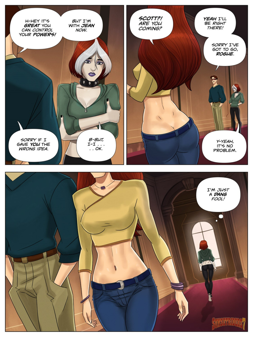 1boy 2_girls 2girls anna_marie ass belly bracelet brown_hair cleavage clothes comic cyclops_(x-men) english_text female glasses jean_grey lips lipstick makeup male marvel marvel_comics midriff multicolored_hair multiple_girls navel page panel red_hair redhead rogue rogue_lust_powerslave scott_summers short_hair speech_bubble sunglasses sunsetriders7 text two_tone_hair white_hair x-men x-men_evolution