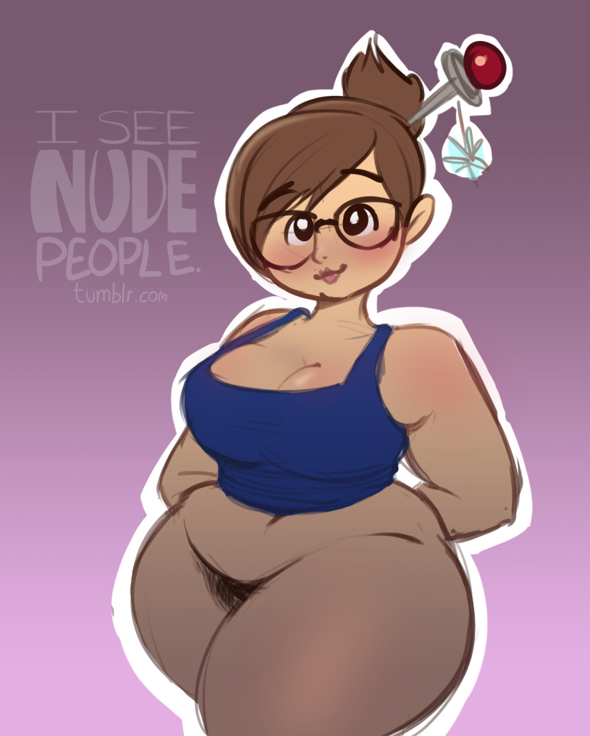 bbw big_breasts bottomless breasts brown_hair cleavage glasses nerd shiny shiny_skin short_hair smile wide_hips