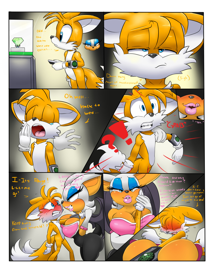 1boy 1girl an_emerald's_worth anthro bat big_breasts blush breasts canine cleavage clothed clothing comic dialogue digitaldomain123 duo english_text fox furry high_res huge_breasts male male/female mammal miles_"tails"_prower rouge_the_bat seductive sega smile sonic_the_hedgehog_(series) text