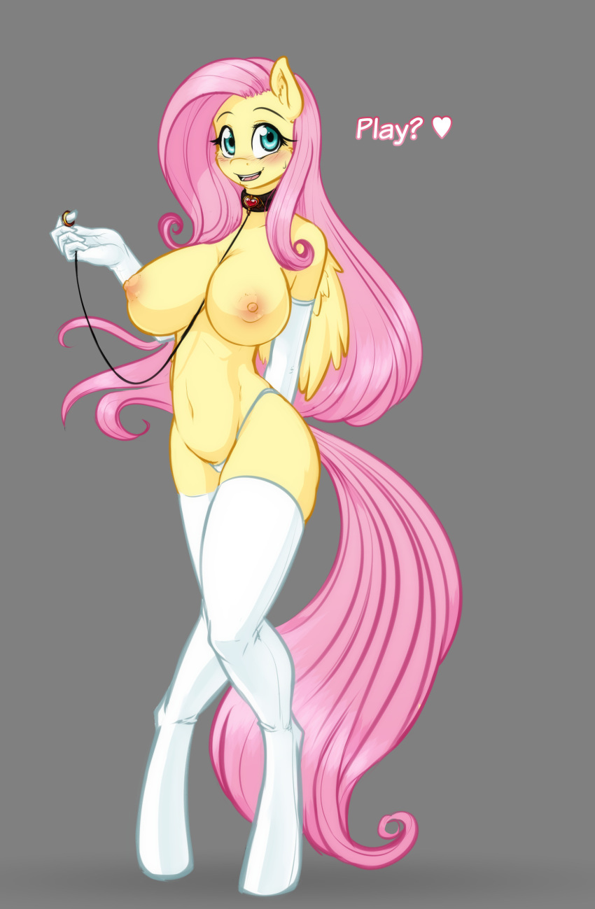 1girl 2016 absurd_res anthro anthrofied big_breasts breasts clothing collar colored dialogue elbow_gloves english_text equine feathered_wings feathers fluttershy fluttershy_(mlp) friendship_is_magic furry gloves grey_background hair hand_behind_back heart highres leash legwear long_hair looking_at_viewer mammal my_little_pony nipples open_mouth pegasus pink_hair scorpdk simple_background stockings teal_eyes text wings yellow_feathers