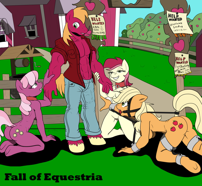 1girl 2014 2016 abs absurd_res anthro anthrofied applejack_(mlp) ball_gag barn big_macintosh_(mlp) bridle cheerilee_(mlp) clothing collar cutie_mark earth_pony english_text equine fall_of_equestria fence friendship_is_magic furry gag group high_res horse kneel male mammal muscular my_little_pony nude outside pony poprocks pussy rose_(mlp) shackles slave text tree well wheat