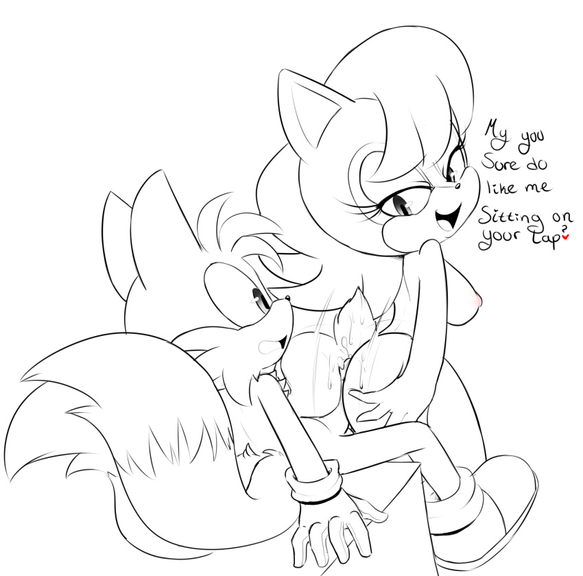 1boy 1girl animal_ears ass assjob big_breasts black_eyes breasts cute furry gloves hair hearlesssoul looking_back miles_"tails"_prower monochrome nipples penis sally_acorn short_hair smile sonic tail text