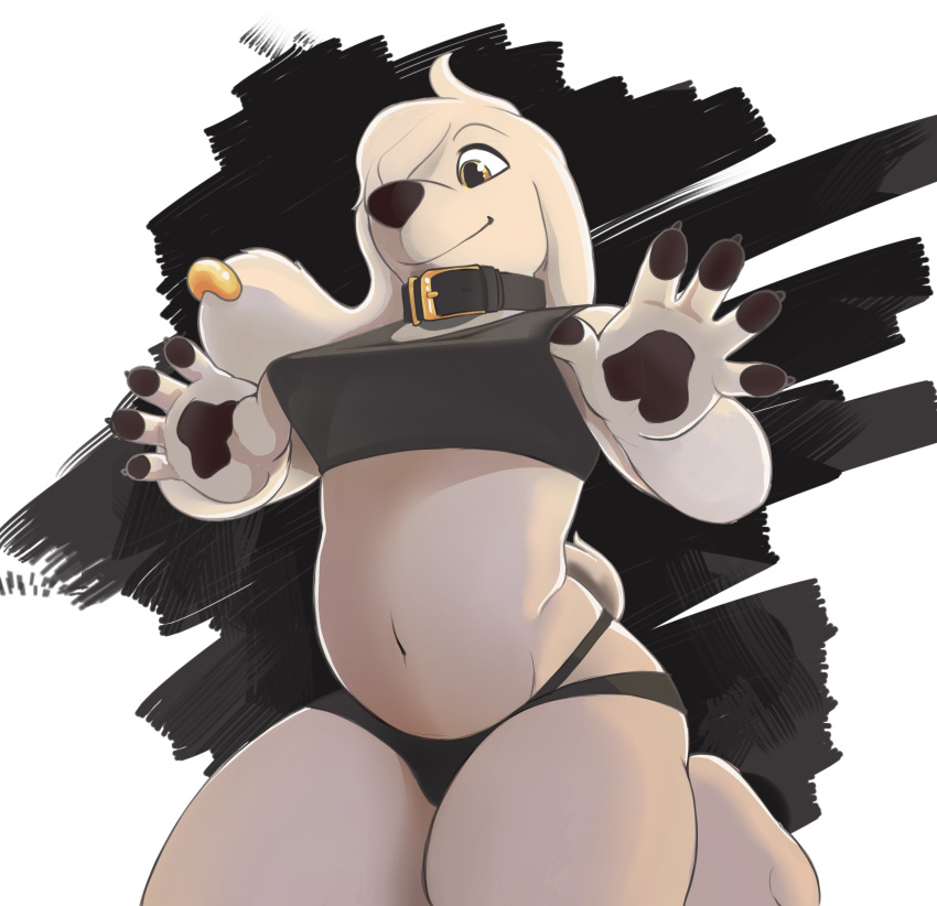 1girl 2016 5_fingers abstract_background absurd_res amber_eyes anthro bangs belly black_nose brown_nose canine claws clothing collar dog ear_piercing family_guy fent floppy_ears fur furry girly hair highres jasper_(family_guy) kneel male mammal midriff navel paws piercing shirt slightly_chubby smile tank_top thick_thighs underwear white_fur white_hair
