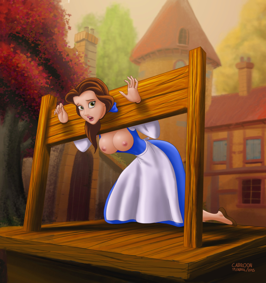 beauty_and_the_beast breasts cabroon_(artist) clothed dangergirlfan disney dress exposed_breasts nipples pillory princess_belle