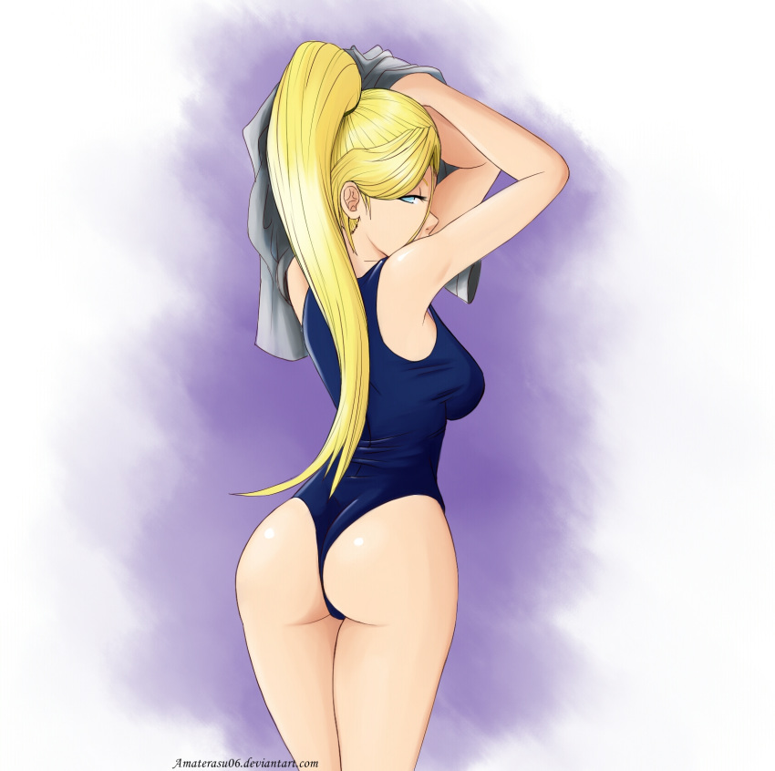 ass big_ass big_breasts breasts evildei ino_yamanaka looking_at_viewer looking_back naruto one-piece_swimsuit swimsuit towel