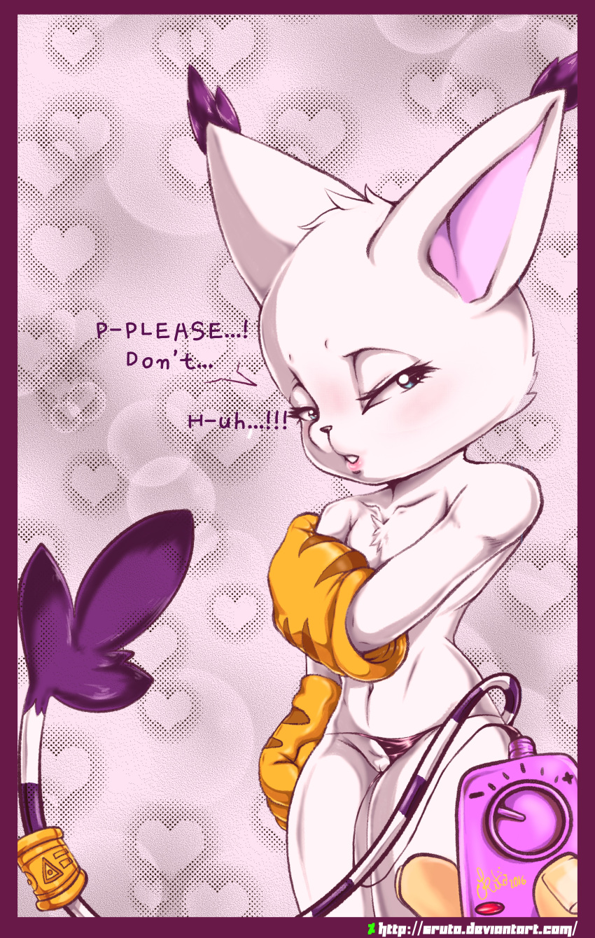 1girl 1girl 2016 anthro blue_eyes blush cat clothing dialogue digimon digital_media_(artwork) embarrassed english_text feline fur furry gatomon gloves long_ears looking_at_viewer mammal pussy ring sex_toy simple_background sruto text vibrator white_fur