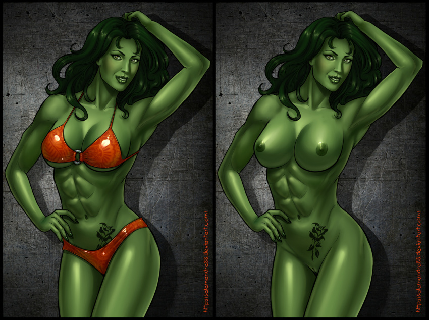 avengers big_breasts bikini breasts green_eyes green_hair green_skin hulk_(series) jennifer_walters marvel nipples nude pussy salamandra88 she-hulk swimsuit