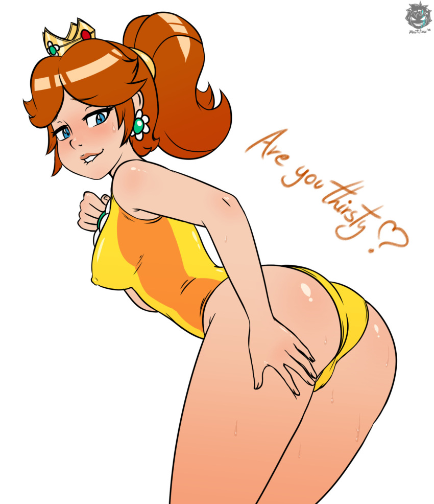 ass bent_over big_ass big_breasts breasts cameltoe nintendo one-piece_swimsuit presenting princess_daisy revtilian solo super_mario_bros. swimsuit