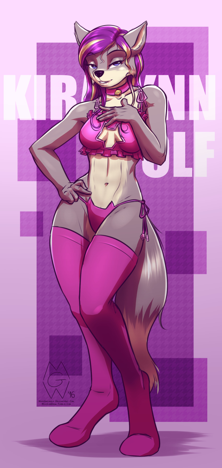 1girl 2016 absurd_res anthro bell bra breasts canine cleavage clothed clothing collar furry high_res legwear mammal mykegreywolf panties pose stockings underwear wolf