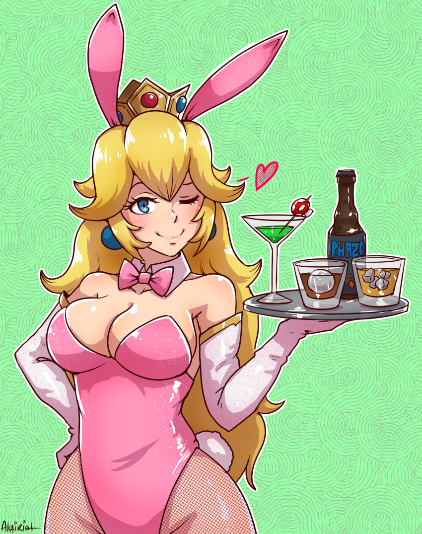 akairiot beer big_breasts breasts bunny_ears bunny_girl bunny_tail bunnysuit cleavage drink princess_peach super_mario_bros. wine