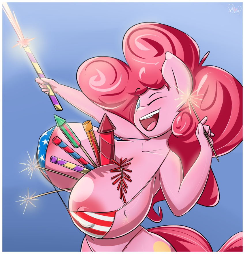 1girl 2016 4th_of_july american_flag_bikini anthro anthrofied areola areola_slip big_breasts bikini border breasts clothing earth_pony equine fireworks friendship_is_magic furry hair high_res horse huge_breasts long_hair mammal my_little_pony nipple_slip open_mouth pink_hair pinkie_pie pinkie_pie_(mlp) pony sanders solo_female swimsuit white_border