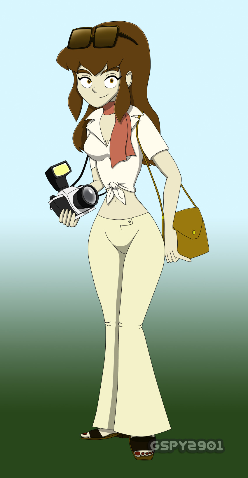 1girl barbara_crestan bell_bottom_pants camera christopher_venom_(comic) clothed female_only full_body glasses glasses_on_head gspy2901 kerchief long_hair looking_at_viewer nick_bardo_private_eye pants solo_female tied_shirt tight_pants