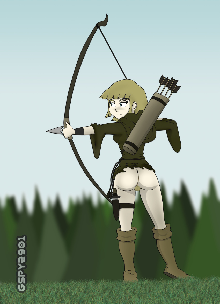 1_girl 1girl aiming aine arrows ass ass_up boots bottomless bow bow_(weapon) dirty female female_only forest gspy2901 knife medieval medieval_england no_panties pussy pussy_hair short_hair solo standing torn_dress