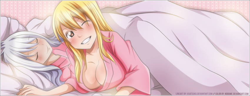 2girls big_breasts breasts cleavage fairy_tail female female_only lucy_heartfilia mirajane_strauss nobume_(artist) sleeping smile wink yuri