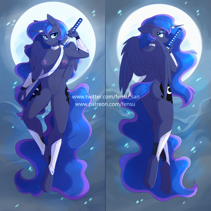 1girl 2019 anthro areola ass breasts cutie_mark digital_media_(artwork) equid equine feathered_wings feathers fensu-san friendship_is_magic full_moon furry hair high_res horn long_hair looking_at_viewer mammal melee_weapon moon my_little_pony nipples princess_luna_(mlp) pussy sword weapon winged_unicorn wings